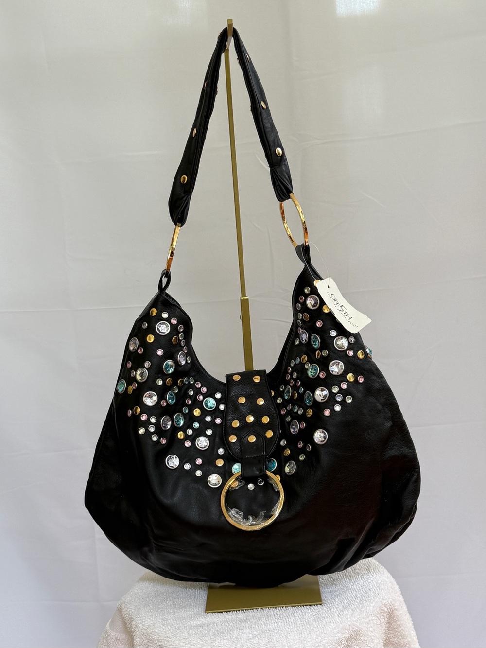 Black Studded Hobo Bag with Multi-Color Crystals -